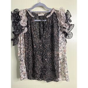 ULLA JOHNSON SILK BLACK & WHITE BLOUSE WITH RUFFLED SLEEVES, Size 2